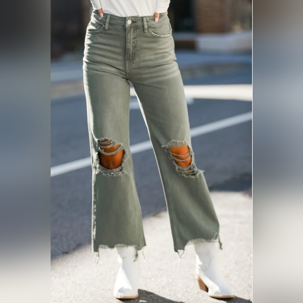 Vervet HR 90's Vintage Wide Leg Cropped Denim Jeans Olive Cotton 3/26